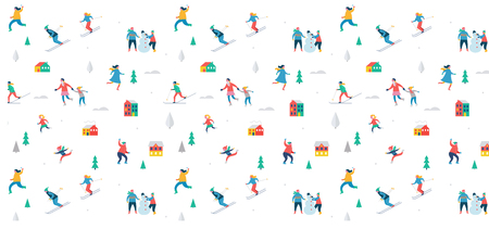 Winter sport scene, Christmas street event, festival and fair, with people, families make funのイラスト素材