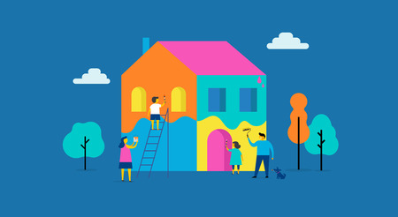 Family is painting home, concept design with different people, kids, mother and father, summer outdoor scene with colorful minimalistic flat vector illustrationのイラスト素材