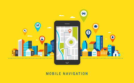 Mobile navigation app concept. Route map with symbols showing location with a urban, city landsape on backgroundのイラスト素材
