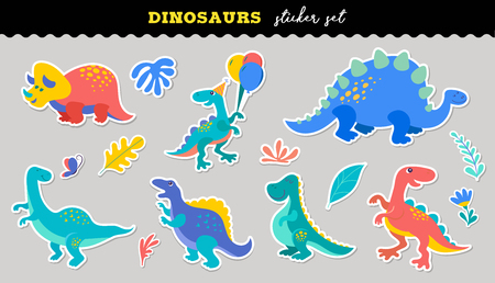 Cute Dinosaurs sticker collection, different types of prehistoric animals, cute illustration for childrenのイラスト素材