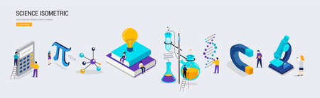 Science lab and school class. Education, mathematics, chemistry scene with miniature people, students. Isometric conceptのイラスト素材