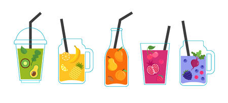Collection of different colorful smoothies, fruit shakes in a bottles, glass, mason jarsのイラスト素材