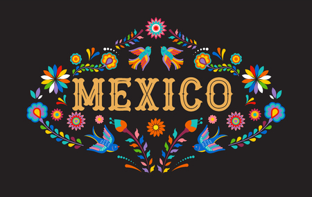 Mexico background, banner with colorful Mexican flowers, birds and elements. Vector illustrationのイラスト素材