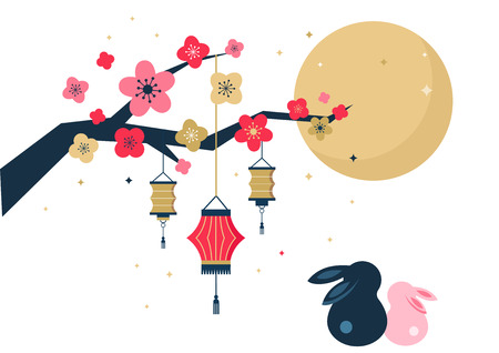 Mid Autumn Festival. Chuseok, Chinese wording translation: Mid Autumn. Vector banner, background and posterのイラスト素材
