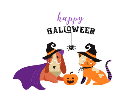 Happy Halloween - cats and dogs in monsters costumes, Halloween party. Vector illustration, bannerのイラスト素材