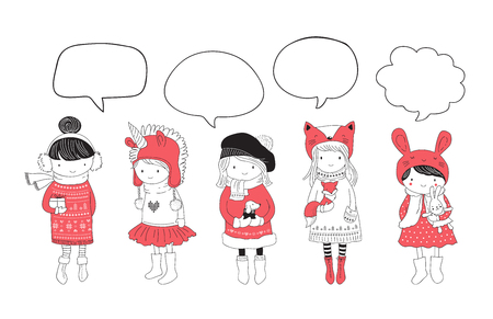 Hand drawn beautiful cute little winter girls collection. Merry Christmas greeting cards vector designのイラスト素材
