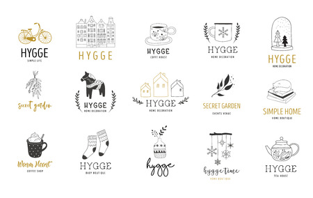 Hygge - Simple Life in Danish, collection of hand drawn elegant and clean logos, elementsのイラスト素材