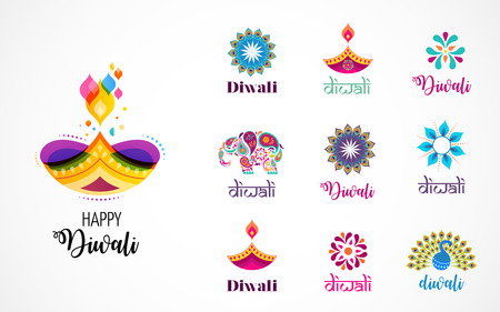 Happy Diwali Hindu festival icons, elements, logo set. Burning diya illustration, light festival of Indiaのイラスト素材