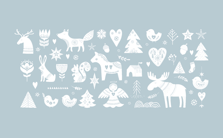 Christmas illustrations, banner design hand drawn elements and icons in Scandinavian styleのイラスト素材