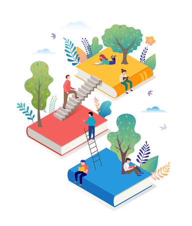 Book festival concept - a group of tiny people reading a huge open book. Vector illustration, poster and bannerのイラスト素材