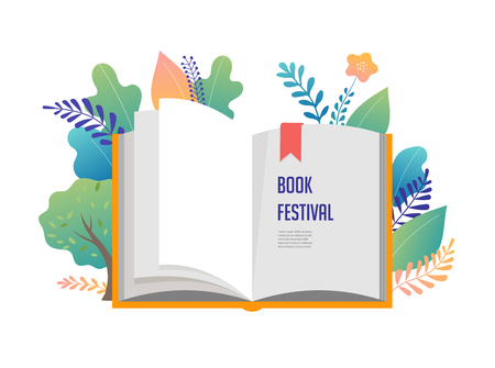 Book festival concept - a group of tiny people reading a huge open book. Vector illustration, poster and bannerのイラスト素材