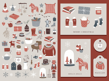 Nordic, Scandinavian winter elements and Hygge concept design, Merry Christmas card, banner, background, hand drawn vector illustrationsのイラスト素材