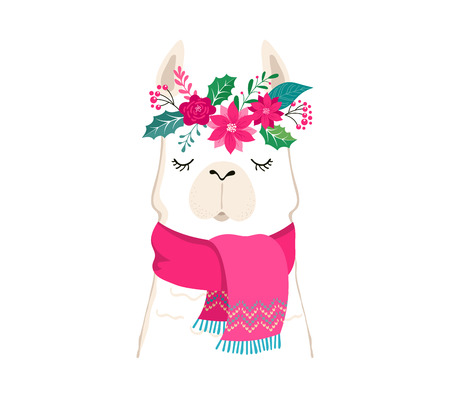 Llama winter illustration, cute design for nursery, poster, Merry christmas, birthday greeting cardのイラスト素材
