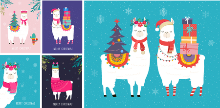 Llama winter illustration, cute design for nursery, poster, Merry christmas, birthday greeting cardのイラスト素材