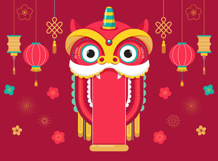 Chinese New Year background, greeting card with a lion dance, red dragon characterのイラスト素材