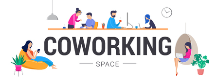 Co-working space, concept illustration. Young people working on laptops and computers on shared modern office workplace. Vector flat style illustrationのイラスト素材