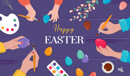 Easter scene - happy family preparing for Easter. Mother, father and daughters are painting Easter eggs. Vector illustrationのイラスト素材