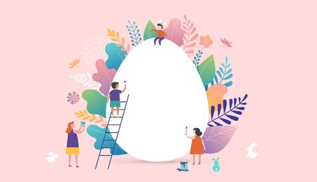 Happy Easter vector illustration, miniature people, families and giant egg. Greeting cards, poster, bannerのイラスト素材