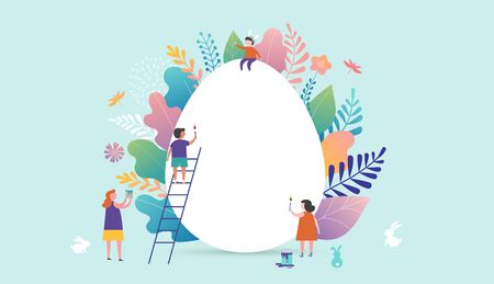 Happy Easter vector illustration, miniature people, families and giant egg. Greeting cards, poster, bannerのイラスト素材