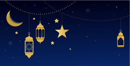 Ramadan kareem greeting card and banner. Islamic lantern on moon abd stars background. Vector illustrationのイラスト素材