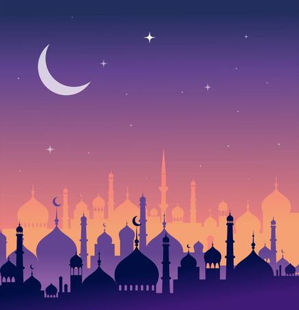 Ramadan kareem greeting card and banner. Islamic lantern on moon abd stars background. Vector illustrationのイラスト素材