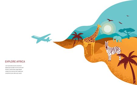 Africa banner, vector illustration of Safari, animals, tribal symbolsのイラスト素材