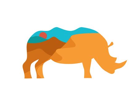 Rhino illustration with double exposure of African landscapeのイラスト素材