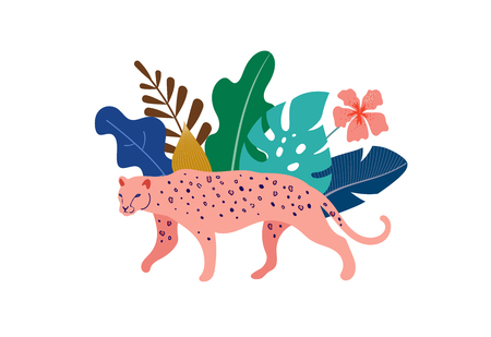 Tropical exotic animals and birds - leopards, tigers, parrots and toucans vector illustration. Wild animals in the jungle, rainforestのイラスト素材