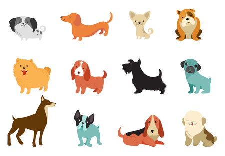 Dogs - collection of vector illustrations. Funny cartoons, different dog breeds, flat styleのイラスト素材