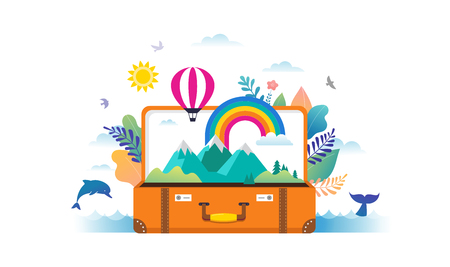 Travel, tourism, adventure scene with open suitcase, leaves, rainbow and miniature people, modern flat style. Vector illustration templateのイラスト素材