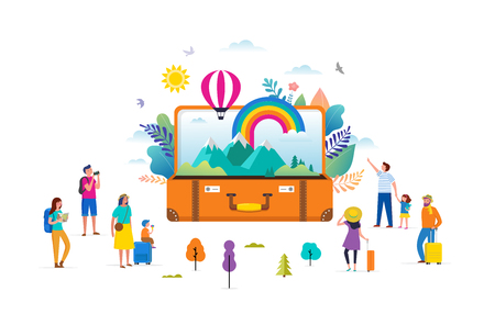 Travel, tourism, adventure scene with open suitcase, leaves, rainbow and miniature people, modern flat style. Vector illustrationのイラスト素材