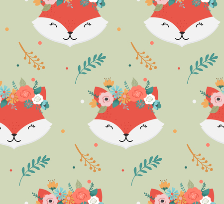 Cute foxes heads with flower crown, vector seamless pattern design for nursery, poster, birthday greeting card templateのイラスト素材