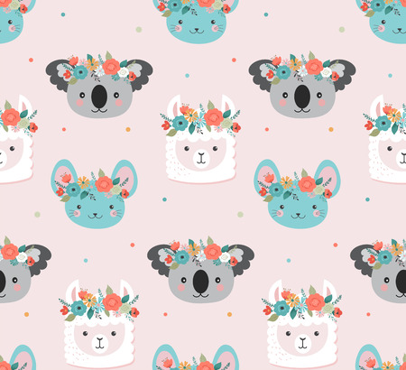 Cute koala, llama and mouse heads with flower crown, vector seamless pattern design for nursery, poster, birthday greeting card templateのイラスト素材