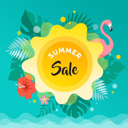 Summer fun background, sun, leaves and flamingo illustration and banner design. Sale poster templateのイラスト素材