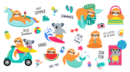 Summer fun illustration with cute characters of koalas and sloths, having fun. Pool, sea and beach summer activities, concept vector illustration templatesのイラスト素材