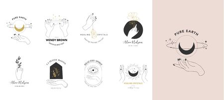 Collection of fine, hand drawn style and icons of hands. Esoteric, fashion, skin care and wedding concept illustrations.のイラスト素材