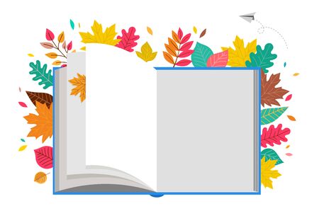 Back to school scene with big book and autumn, fall leaves. College, school and university concept vector illustrationのイラスト素材