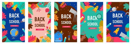 Back to school set of banners with leaves, pen, pencil and apple on different backgrounds. School shopping, sale signs. Vector illustration.のイラスト素材