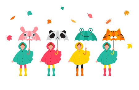 Autumn, fall scene with various cute kids, boys and girls in colorful raincoats having fun, playing with autumn leaves, holding a funny umbrellas.のイラスト素材