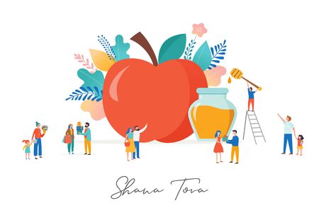 Rosh Hashana, Jewish holiday, New year scene with an apple, tiny varios people, men, kids and women giving gifts, holding flower, eating apples with honey. Flat cartoon vector illustration for Jewish religious holiday celebration. Background templateのイラスト素材