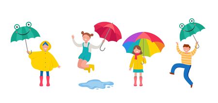 Autumn, fall scene with various cute people, families and children having fun, playing with autumn leaves and jumping with an umbrellas. Crowd of tiny men, children and women under rain. Colorful vector illustration in modern flat styleのイラスト素材