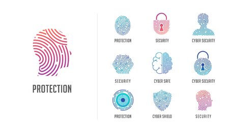Fingerprint scan, privacy, cyber security ,identity information and network protection. Person head, brain, cloud and lock icons. Vector icon collectionのイラスト素材
