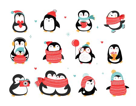 Cute hand drawn penguins collection, Merry Christmas greetings. Vector illustrationのイラスト素材