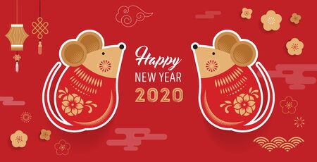 Happy Chinese new year design. 2020 Rat zodiac. Cute mouse cartoon. Vector illustration and banner concept in flat styleのイラスト素材