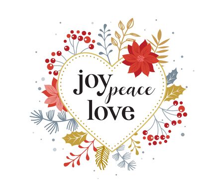 Joy, peace, love, Merry Christmas card with lettering on elegant floral background. Vector design card and bannerのイラスト素材
