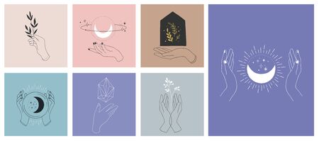 Collection of fine, hand drawn style logos and icons of hands. Fashion, skin care and wedding concept illustrations.のイラスト素材