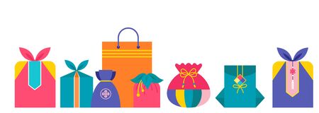 Korean Traditional Happy New Year Day, year of rat. Traditional gift boxes collection. Vector illustrationのイラスト素材