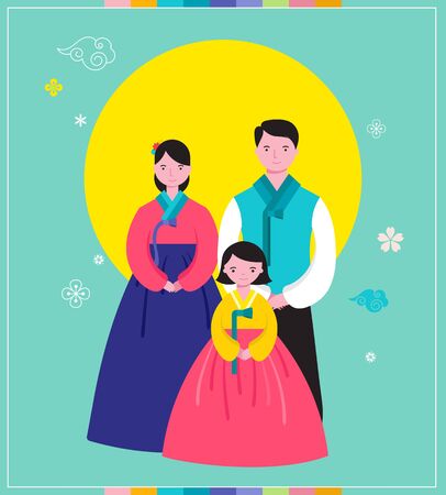 Korean Traditional Happy New Year Day, year of rat. Happy family korean traditional dress. Vector illustrationのイラスト素材