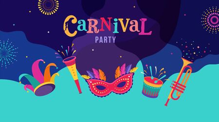 Carnival, party, Rio Carnaval, Purim background with confetti, music instruments, masks, clown hat and fireworks. Vector design and illustrationのイラスト素材