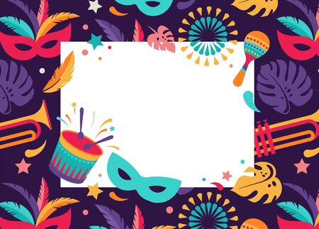 Brazilian Carnival, music festival, masquerade flyer template with frameのイラスト素材